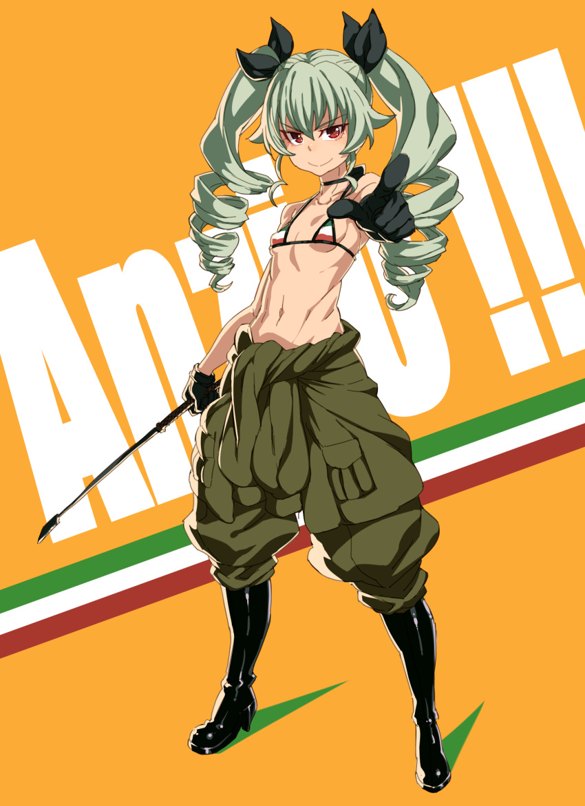 1girl, anchovy, anzio_military_uniform, bare_shoulders, bikini_top, black_gloves, boots, breasts