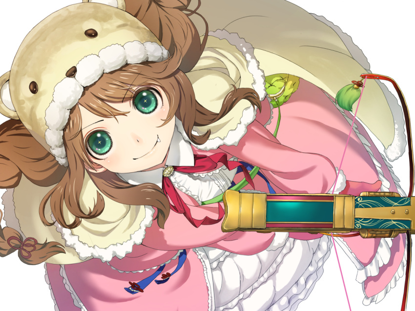 >:), +_+, 1girl, bangs, bear_hat, bow_(weapon), brown_hair, capelet