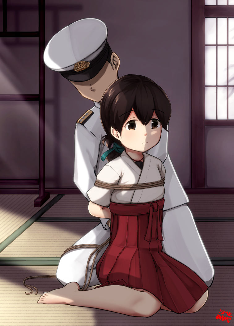 10s, 1boy, 1girl, admiral_(kantai_collection), arms_behind_back, barefoot, bdsm, black_hair