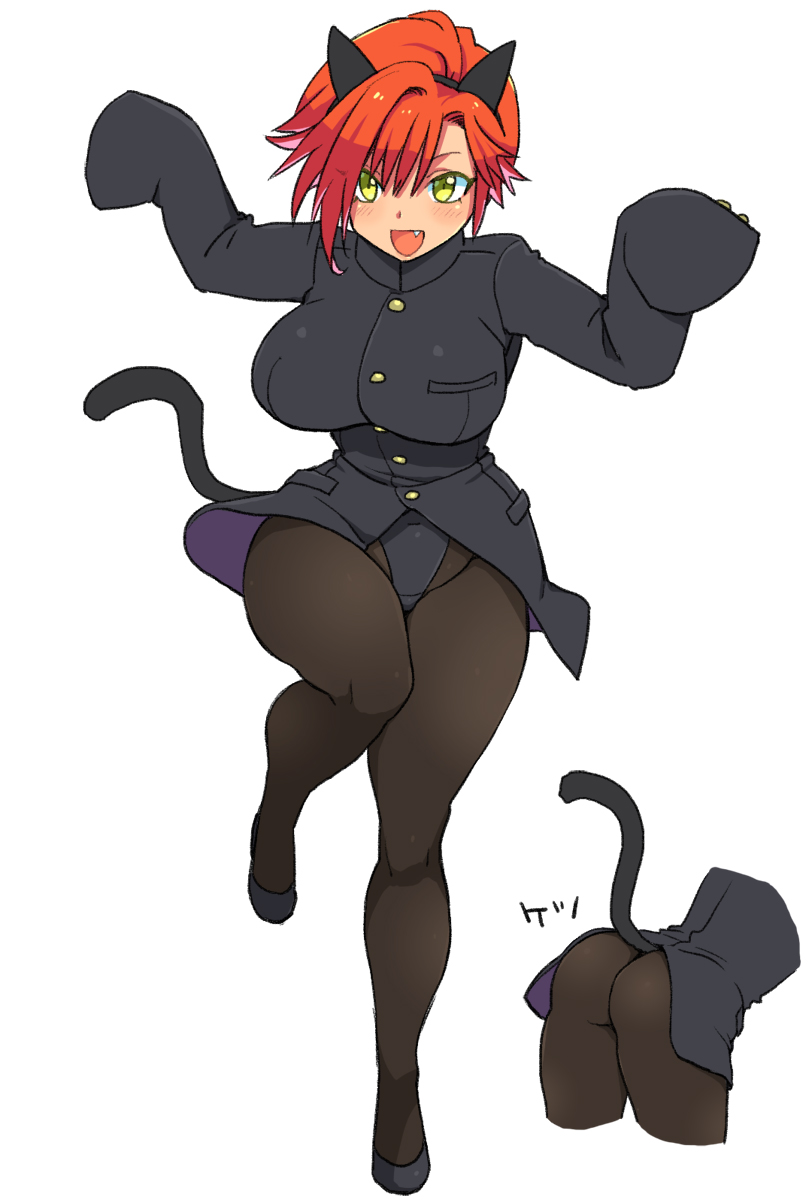 1girl, :d, animal_ears, ass, black_legwear, blush, breasts, cat_ears