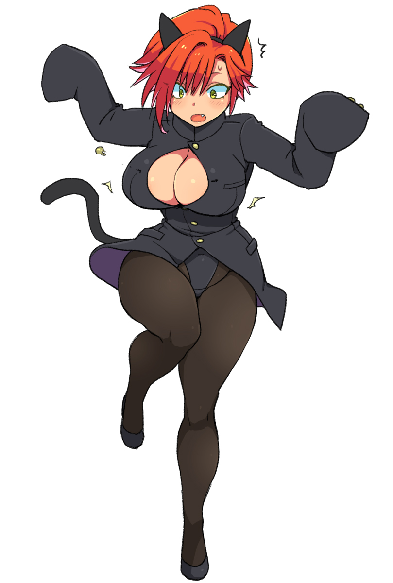 1girl, animal_ears, black_legwear, blush, breasts, cat_ears, cat_tail, cleavage
