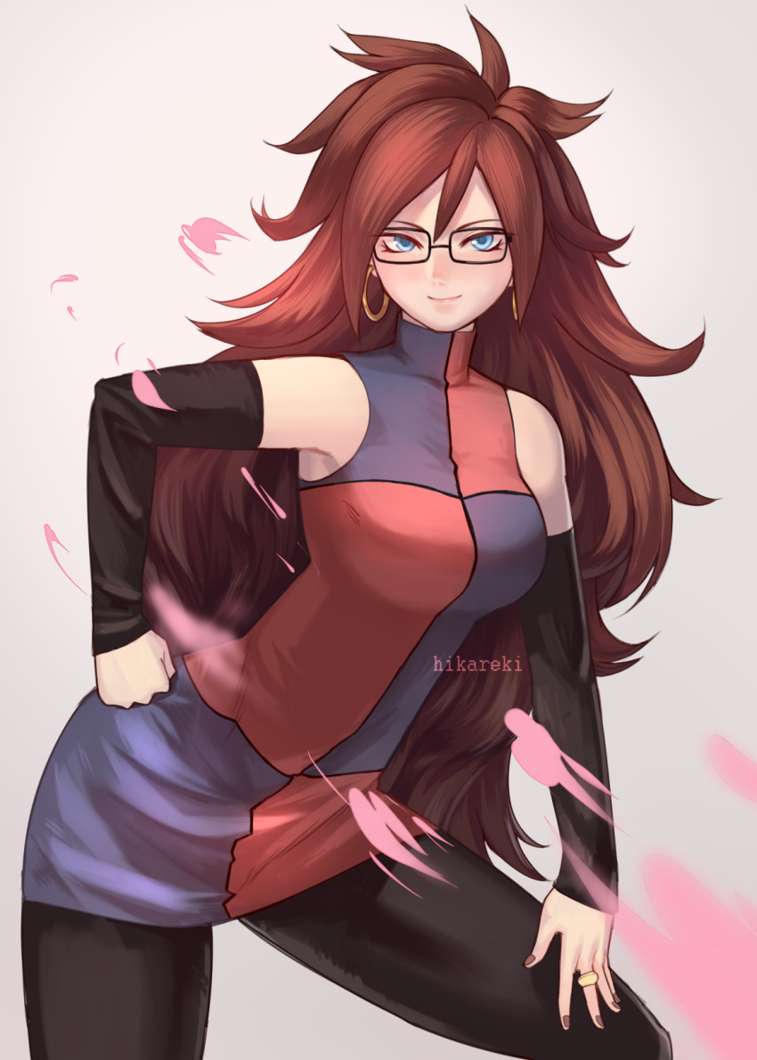 1girl, android_21, arm_warmers, artist_name, bare_shoulders, big_hair, black-framed_eyewear, black_legwear