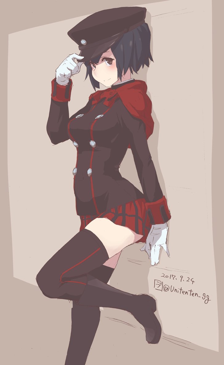 10s, 1girl, 2017, against_wall, akitsu_maru_(kantai_collection), black_eyes, black_hair, black_hat