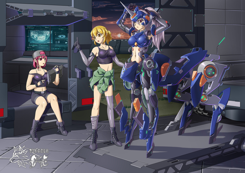 3girls, armor, asymmetrical_clothes, backwards_hat, blonde_hair, boots, braid, cap