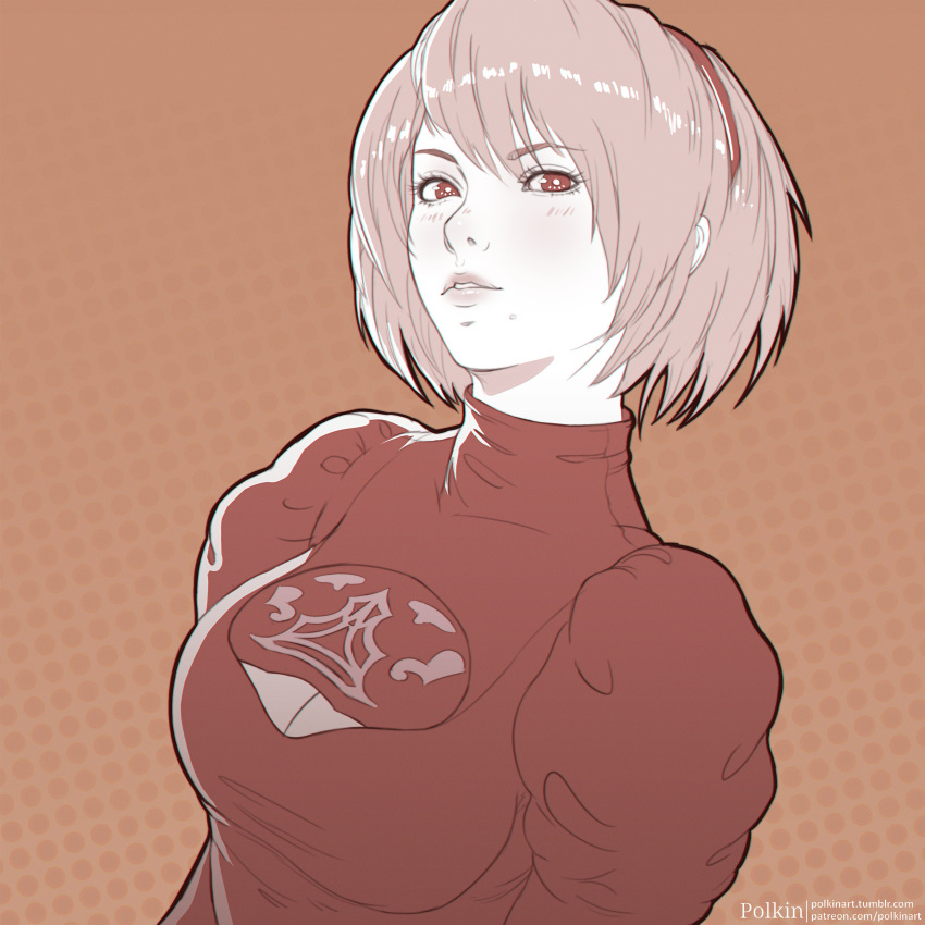 1girl, artist_name, bangs, breasts, cleavage, commentary, dress, eyebrows_visible_through_hair