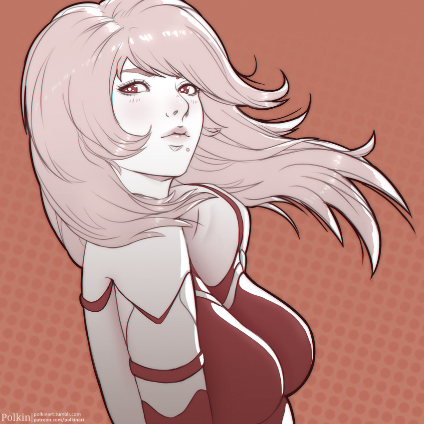 1girl, artist_name, bangs, bare_shoulders, breasts, commentary, highres, lips