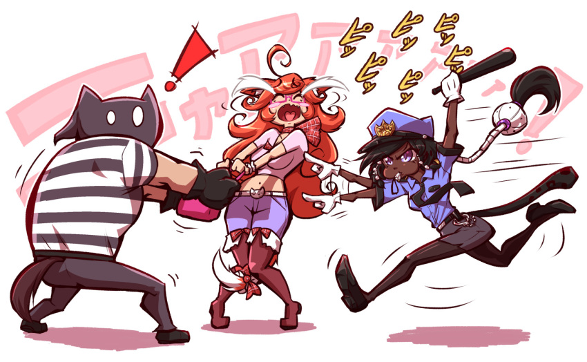 1boy, 2girls, animal_ears, bag, baton, black_hair, blush_stickers, boots, breasts, cat_ears, cat_tail, cleavage, crying, cuffs, curly_hair, dark_skin, dog_tail, glasses, gloves, handbag, leola, leopard_ears, leopard_tail, long_hair, mask, mazume, multiple_girls, nail_polish, natalie_(mazume), navel, necktie, open_mouth, orange_hair, original, pointing, police, police_uniform, running, semi-rimless_glasses, shirt, skirt, striped, striped_shirt, tail, thigh-highs, thigh_boots, uniform, violet_eyes, white_gloves
