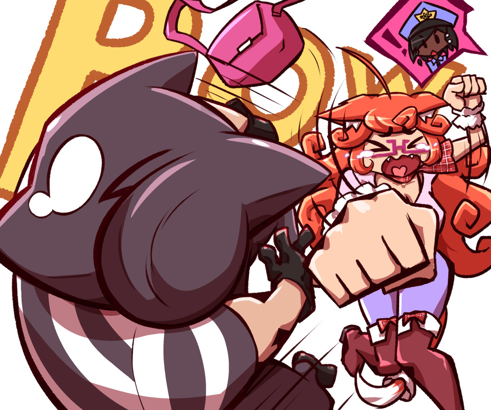 1boy, 2girls, animal_ears, bag, baton, black_hair, blush_stickers, boots