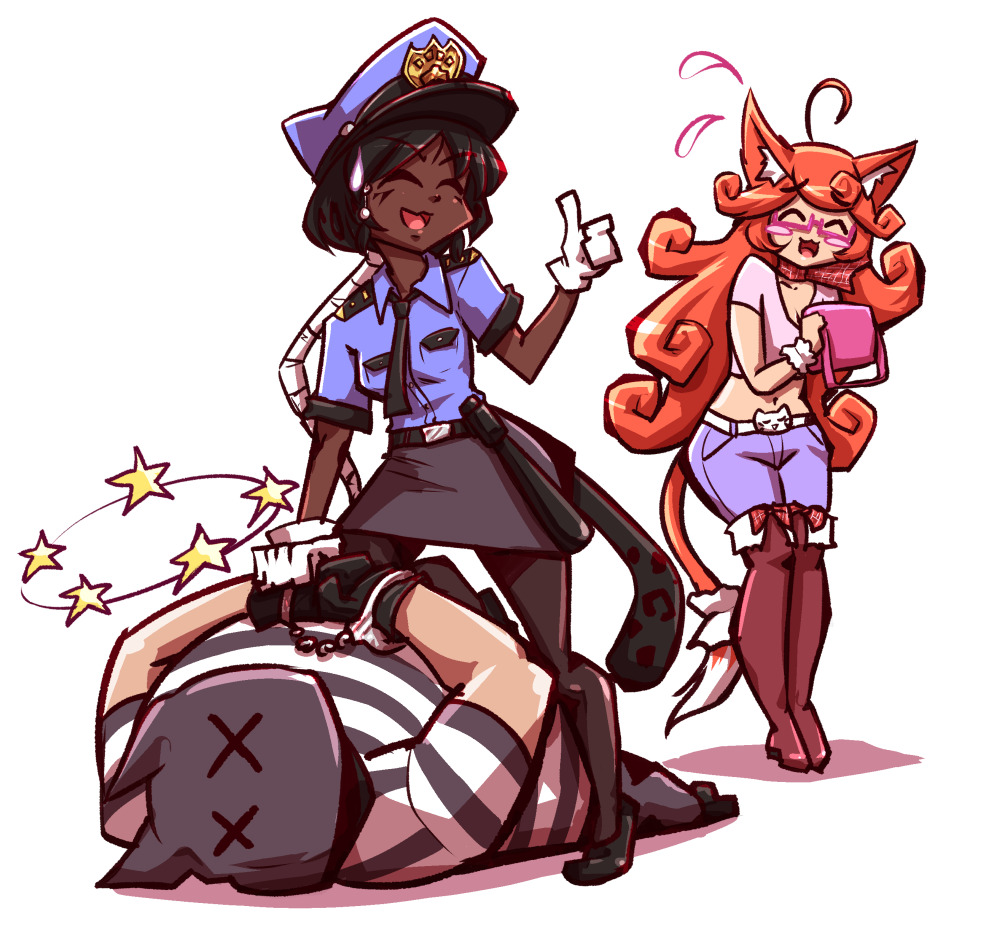 1boy, 2girls, animal_ears, bag, baton, black_hair, blush_stickers, boots
