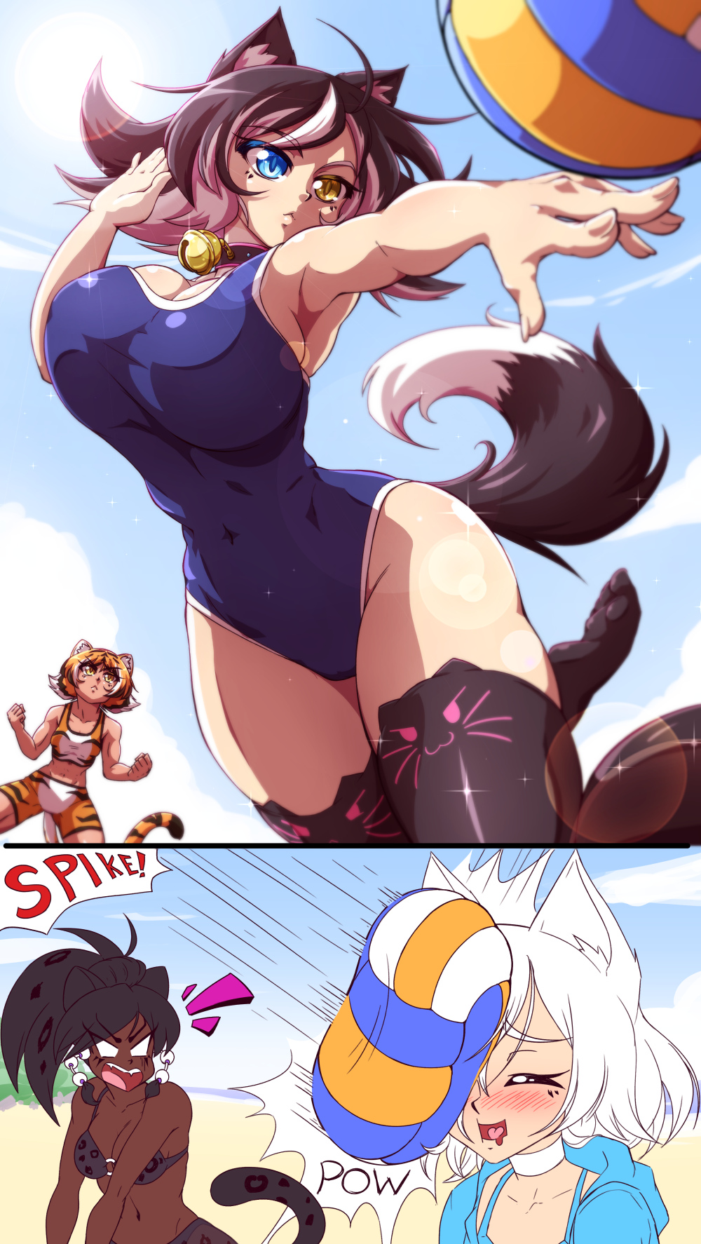 4girls, animal_ears, beach, black_hair, black_legwear, blue_eyes, blush, breasts, cat_ears, cat_lingerie, cat_tail, cleavage, dark_skin, heterochromia, highres, kat_(mazume), kit_(mazume), kotora_(mazume), large_breasts, leola, leopard_ears, leopard_tail, mazume, meme_attire, multiple_girls, one-piece_swimsuit, open_mouth, orange_eyes, orange_hair, original, saliva, sand, swimsuit, tail, tiger_ears, tiger_tail, volleyball, volleyball_net, white_hair
