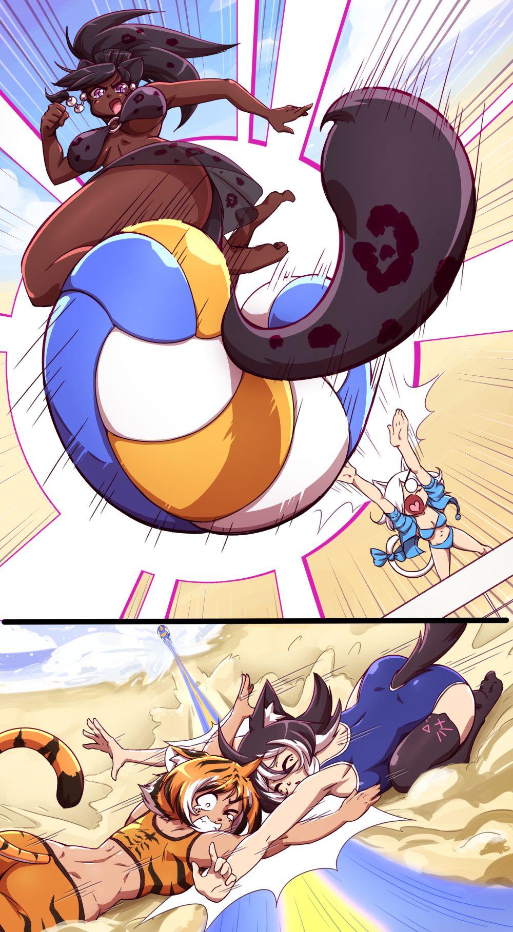 4girls, animal_ears, beach, black_hair, black_legwear, cat_ears, cat_lingerie, cat_tail