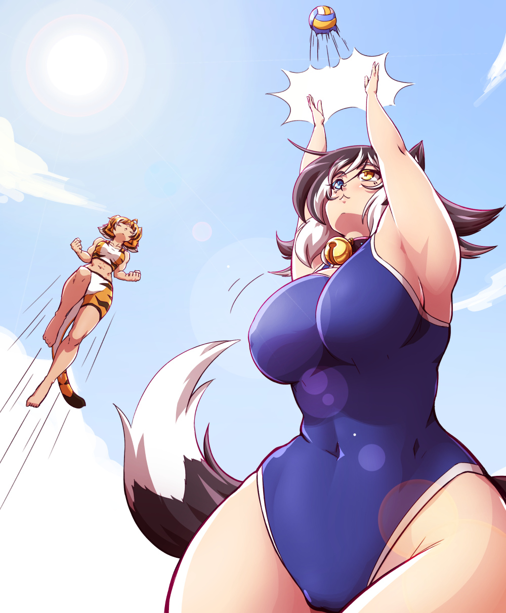 2girls, :<, animal_ears, animal_print, bell, bell_collar, black_hair, blue_eyes, breasts, cat_ears, cat_tail, clouds, collar, heterochromia, highres, jumping, kat_(mazume), kotora_(mazume), large_breasts, mazume, multicolored_hair, multiple_girls, one-piece_swimsuit, orange_eyes, orange_hair, original, sky, sun, swimsuit, tail, tiger_ears, tiger_print, tiger_tail, volleyball, white_hair