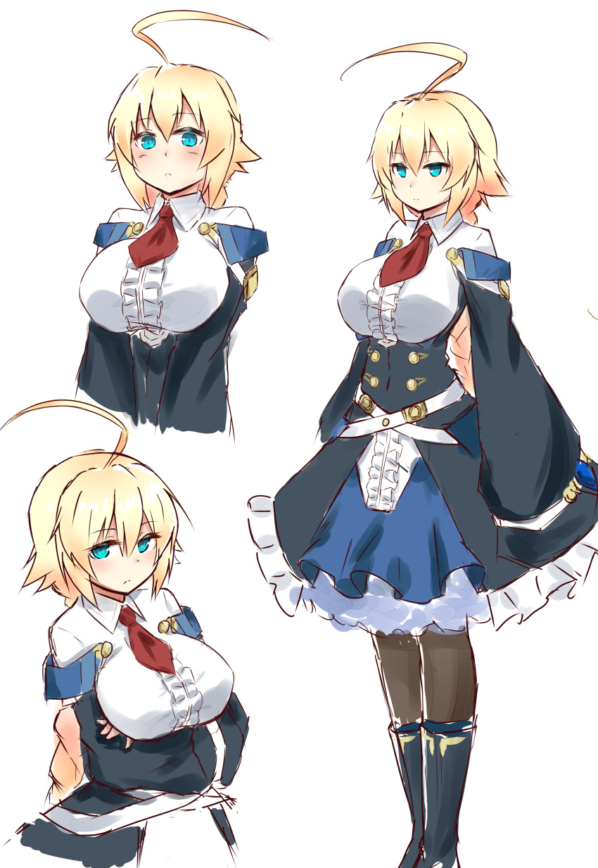1girl, absurdres, ahoge, ascot, bangs, blazblue, blonde_hair, blue_eyes