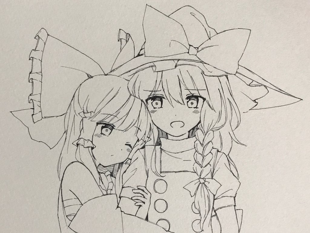 2girls, ;/, arm_hug, blush, bow, braid, commentary, d:
