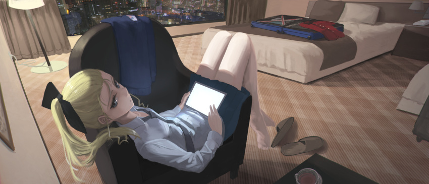 1girl, armchair, assam, barefoot, bed, blonde_hair, blue_eyes, chair