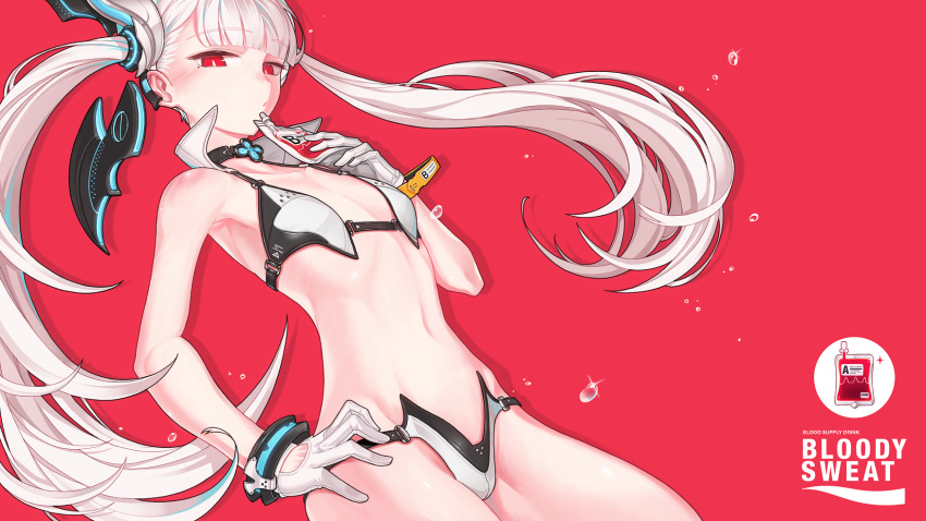 1girl, bikini, breasts, choker, collared_bikini, cowboy_shot, drink_pouch, drinking