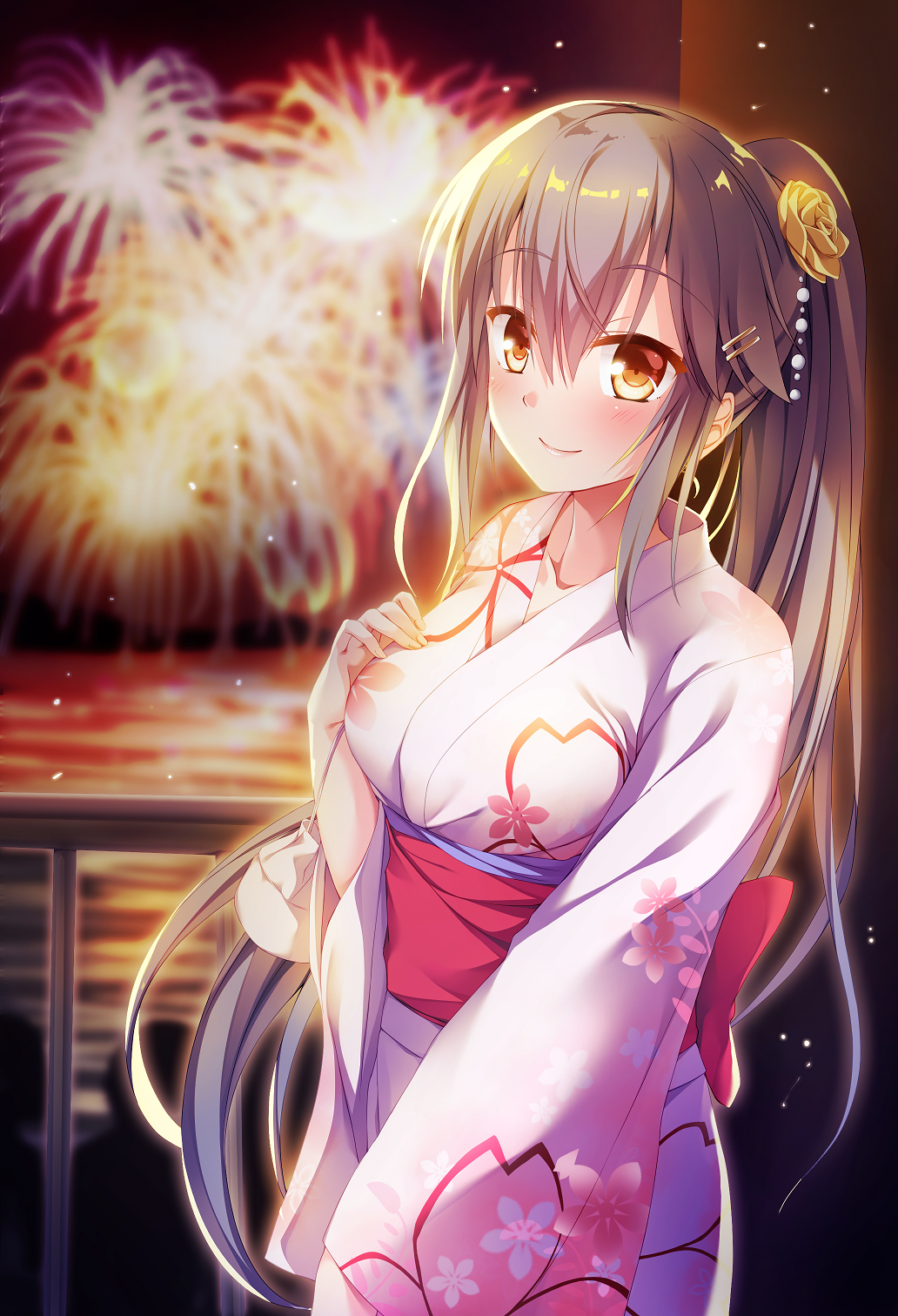 10s, 1girl, alternate_hairstyle, black_hair, commentary, cowboy_shot, eyebrows_visible_through_hair, fireworks