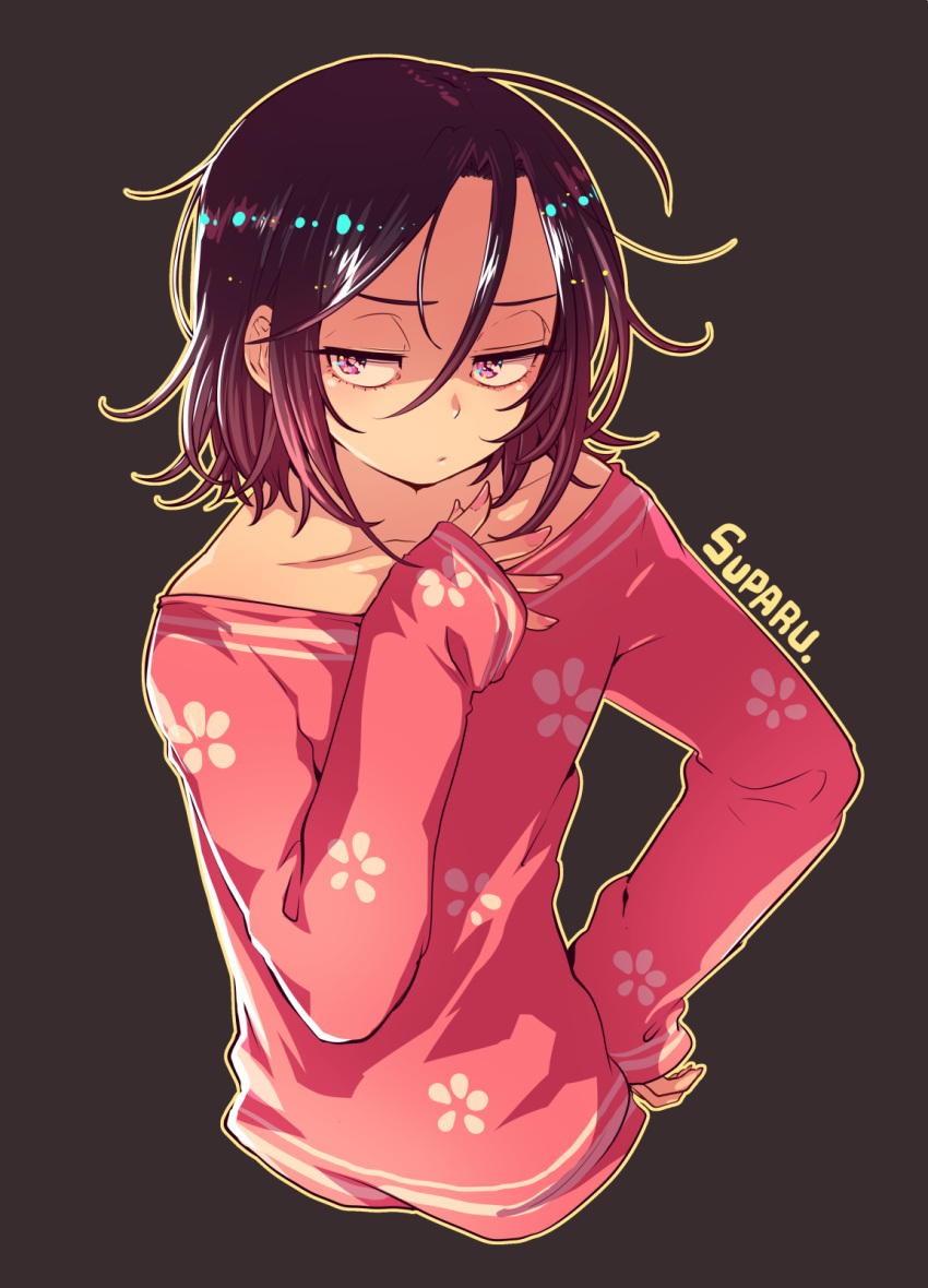 1boy, black_background, cherry_blossom_print, closed_mouth, eyelashes, fingernails, hand_on_hip, hand_on_own_chest, highres, long_hair, looking_to_the_side, messy_hair, nail_polish, off-shoulder_shirt, original, pink_eyes, pink_nails, pink_shirt, redhead, shirt, signature, sleeves_past_wrists, solo, suparu_(detteiu), trap, upper_body