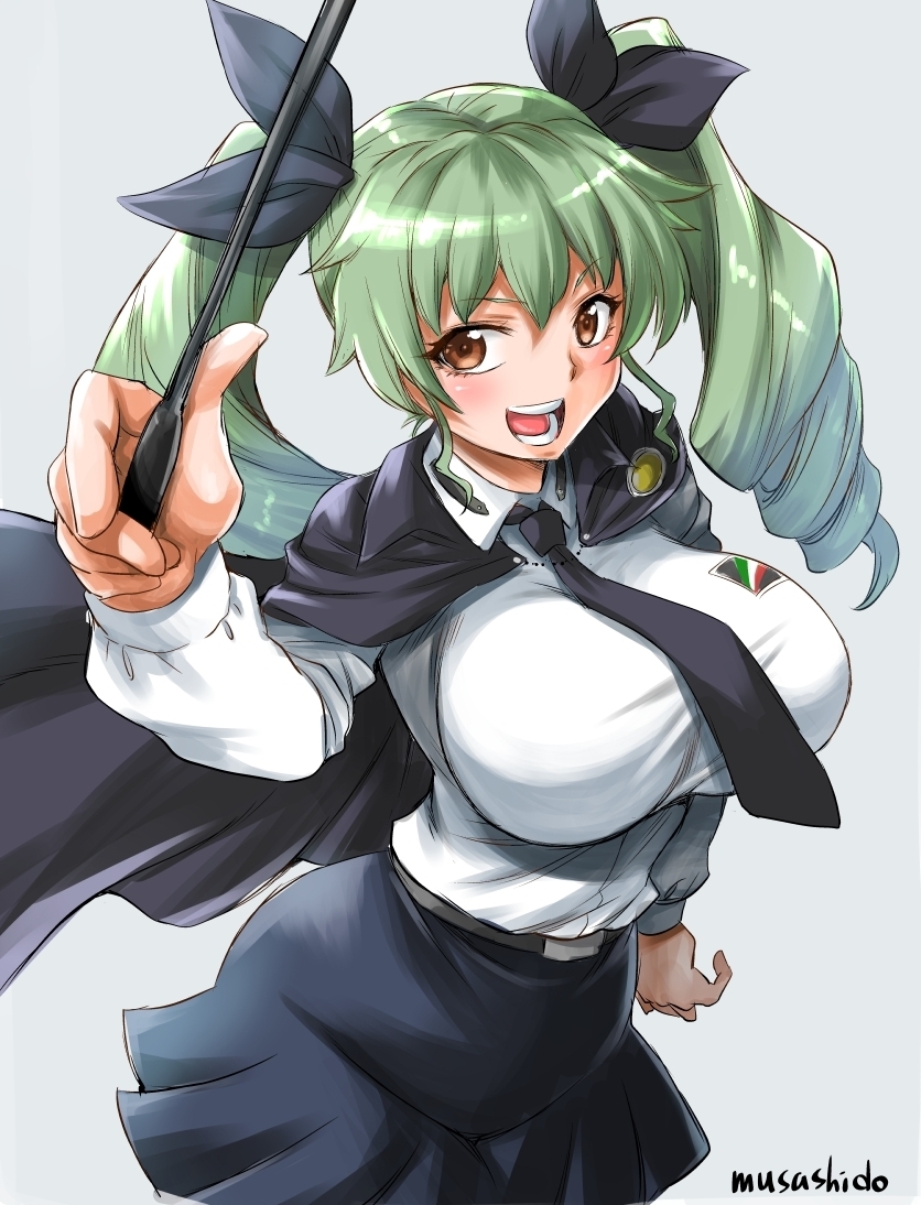 1girl, anchovy, anzio_school_uniform, artist_name, bangs, belt, black_belt, black_cape