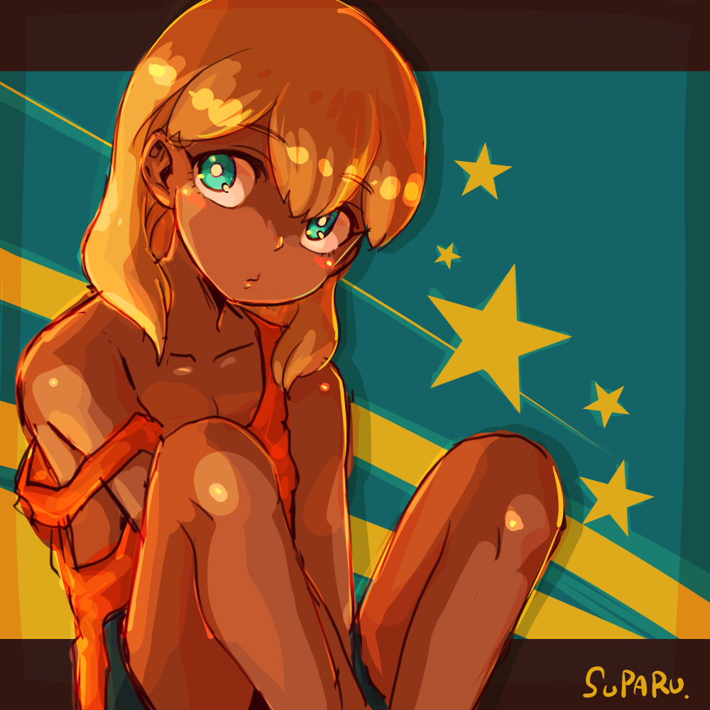 1boy, aqua_eyes, between_legs, blue_background, closed_mouth, collarbone, dark_skin, hand_between_legs