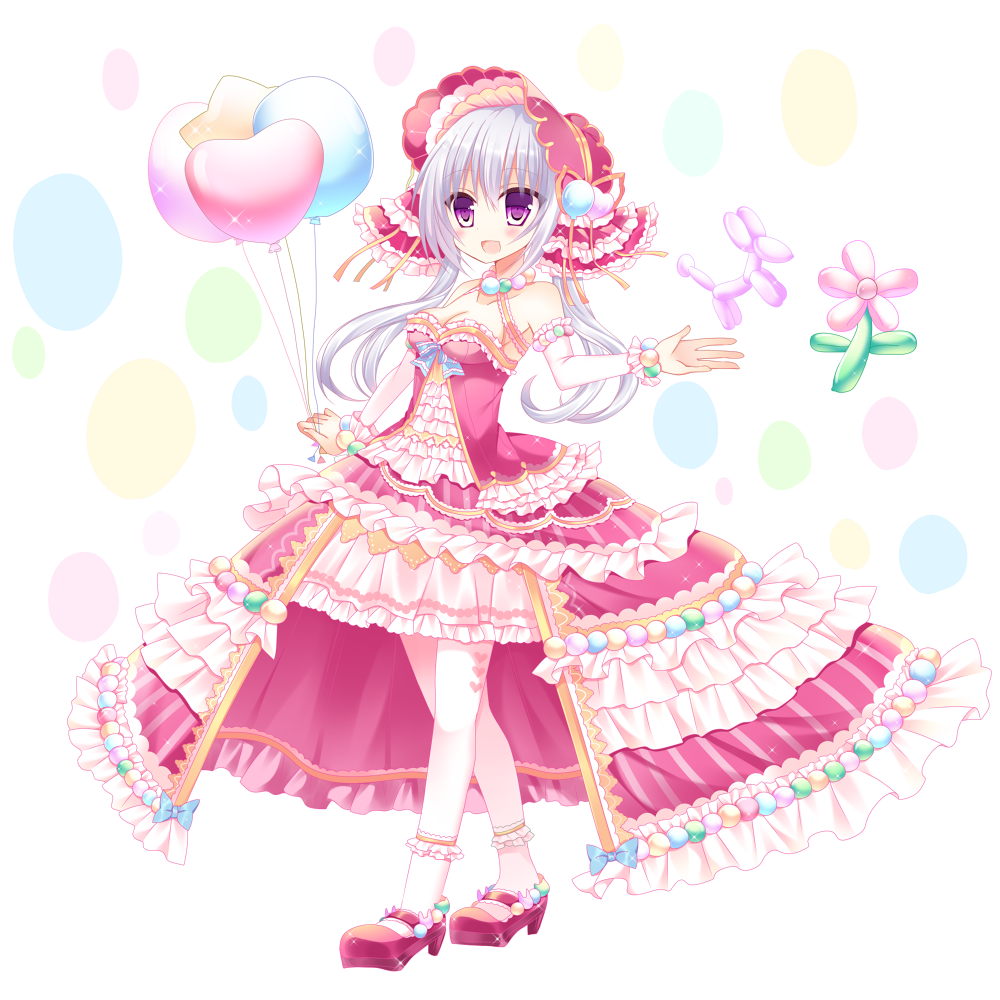 1girl, :d, armlet, balloon, balloon_animal, bare_shoulders, blush, bonnet