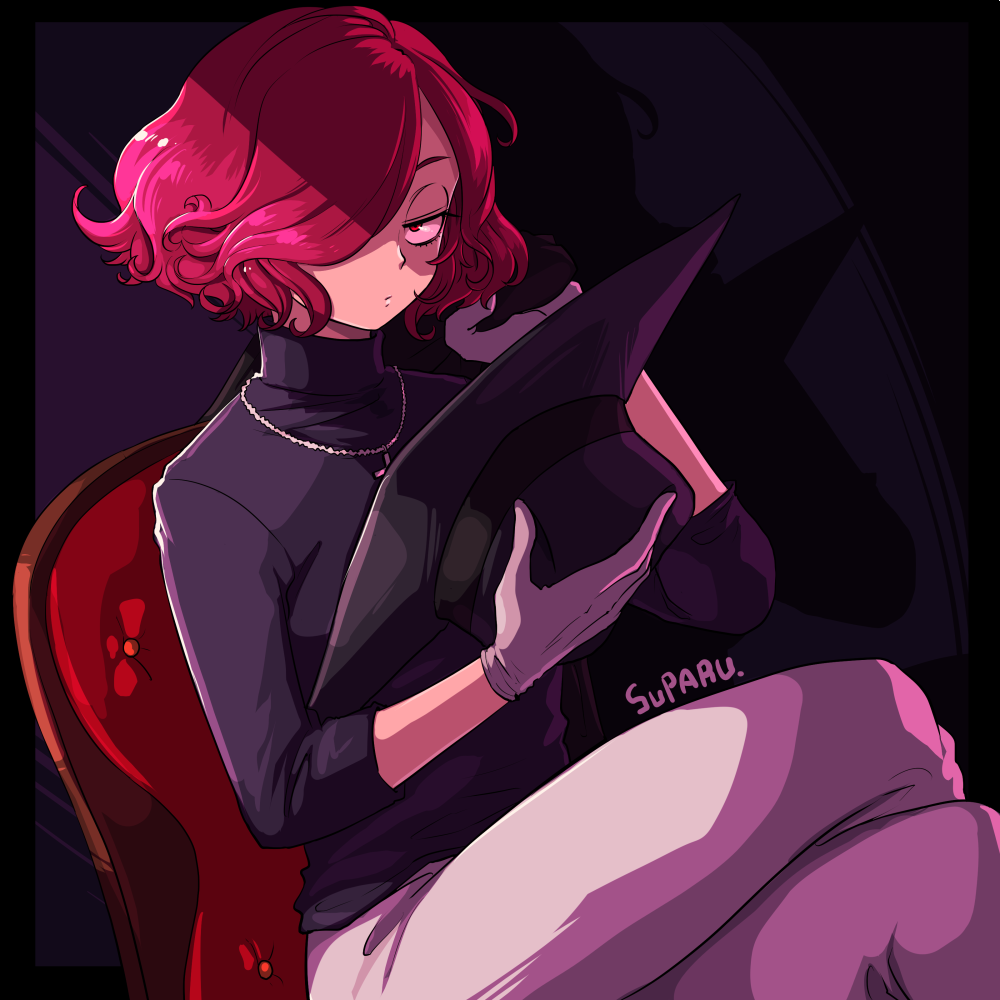 1girl, chair, coat_over_shoulder, cross, cross_necklace, dark, dragon_poker, eyelashes