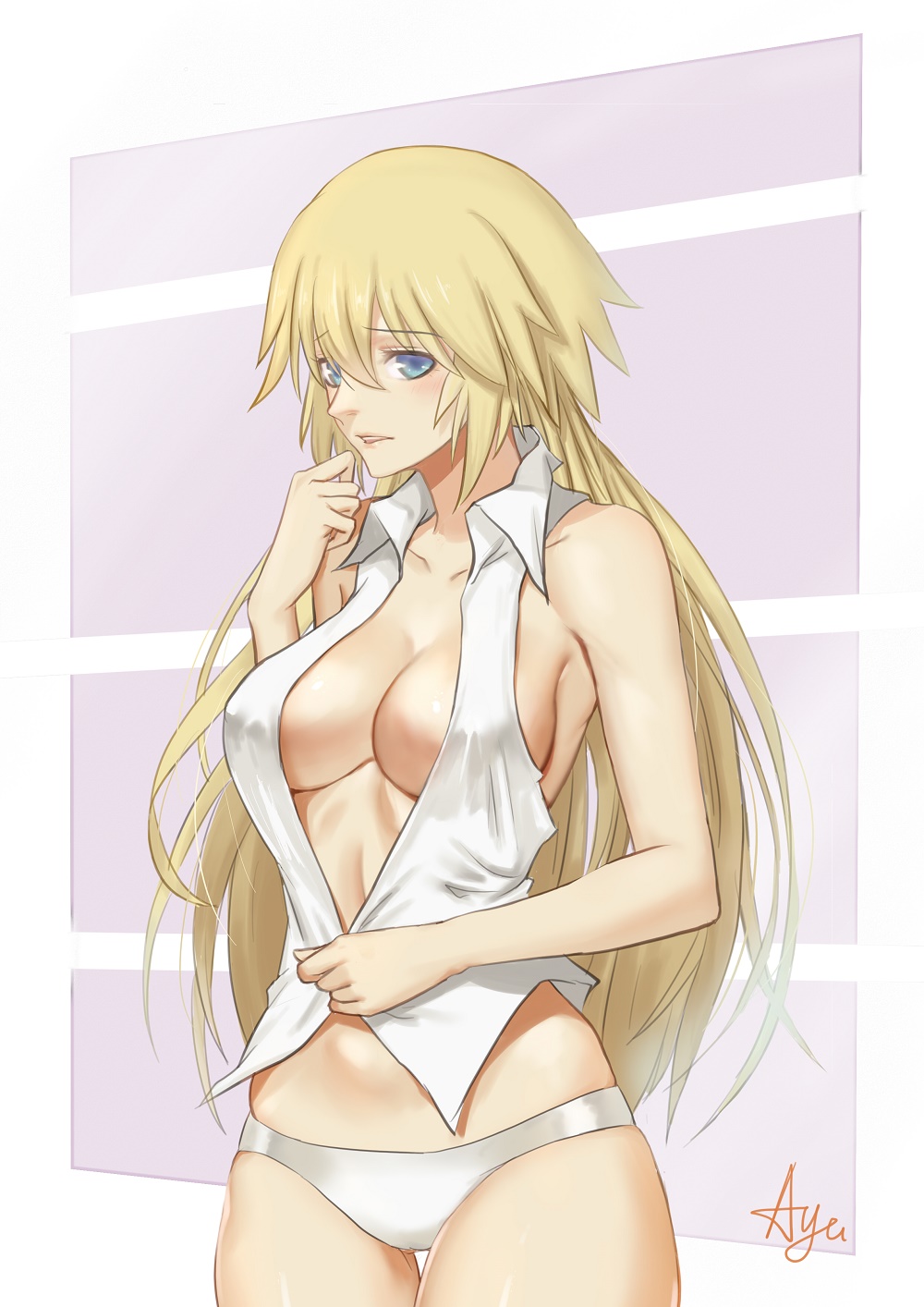 1girl, alternate_costume, artist_name, ayu_(p1314_win), bare_shoulders, blue_eyes, blush, breasts