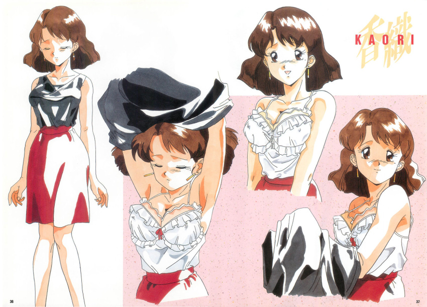 1girl, armpits, arms_up, breasts, brown_eyes, brown_hair, character_name, cleavage