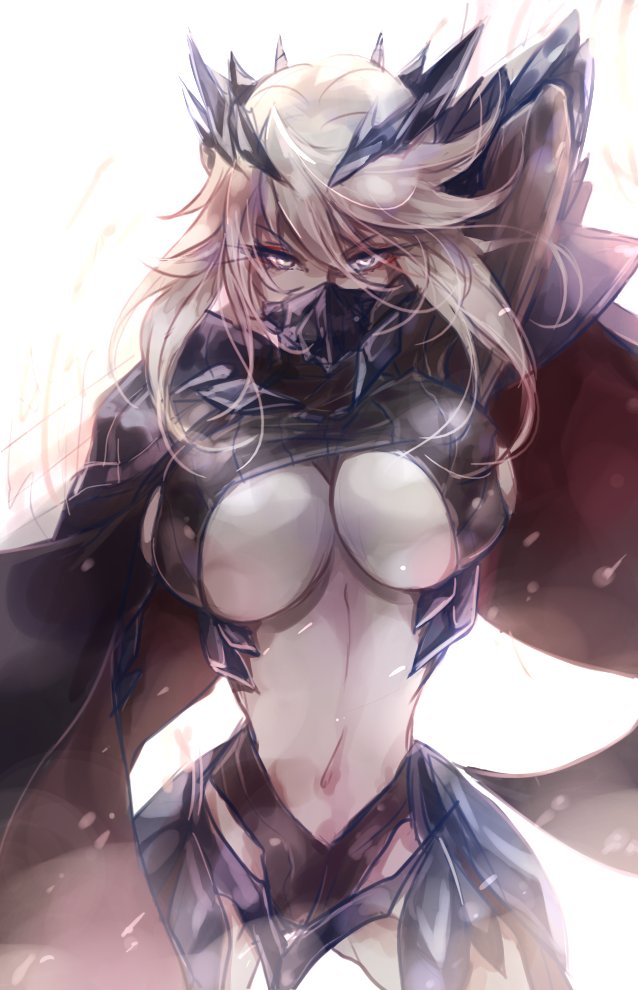 1girl, armor, artoria_pendragon_(all), artoria_pendragon_(lancer_alter), blonde_hair, breasts, cape, fate/grand_order, fate_(series), fimyuan, hair_ornament, large_breasts, mask, navel, simple_background, under_boob, white_background, yellow_eyes