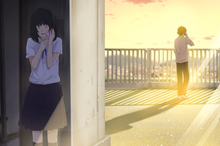 1boy, 1girl, black_hair, black_pants, black_skirt, blurry, blurry_background, brown_hair