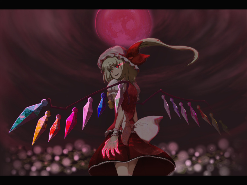 fang, flandre_scarlet, hat, kanato, moon, red_eyes, ribbon, side_ponytail