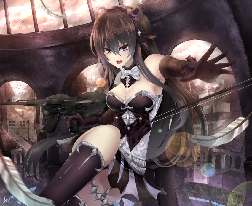 1girl, aeus, bare_shoulders, black_hair, blue_eyes, breasts, building, cleavage