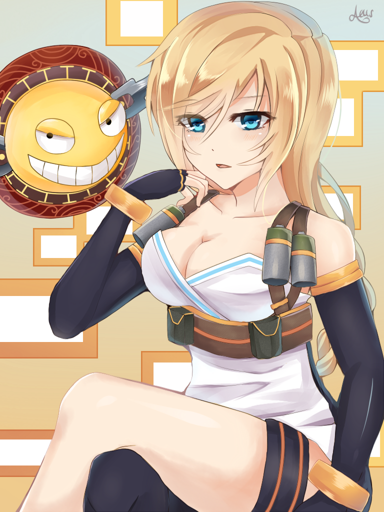 1girl, aeus, aqua_eyes, bare_shoulders, blonde_hair, blush, breasts, cleavage