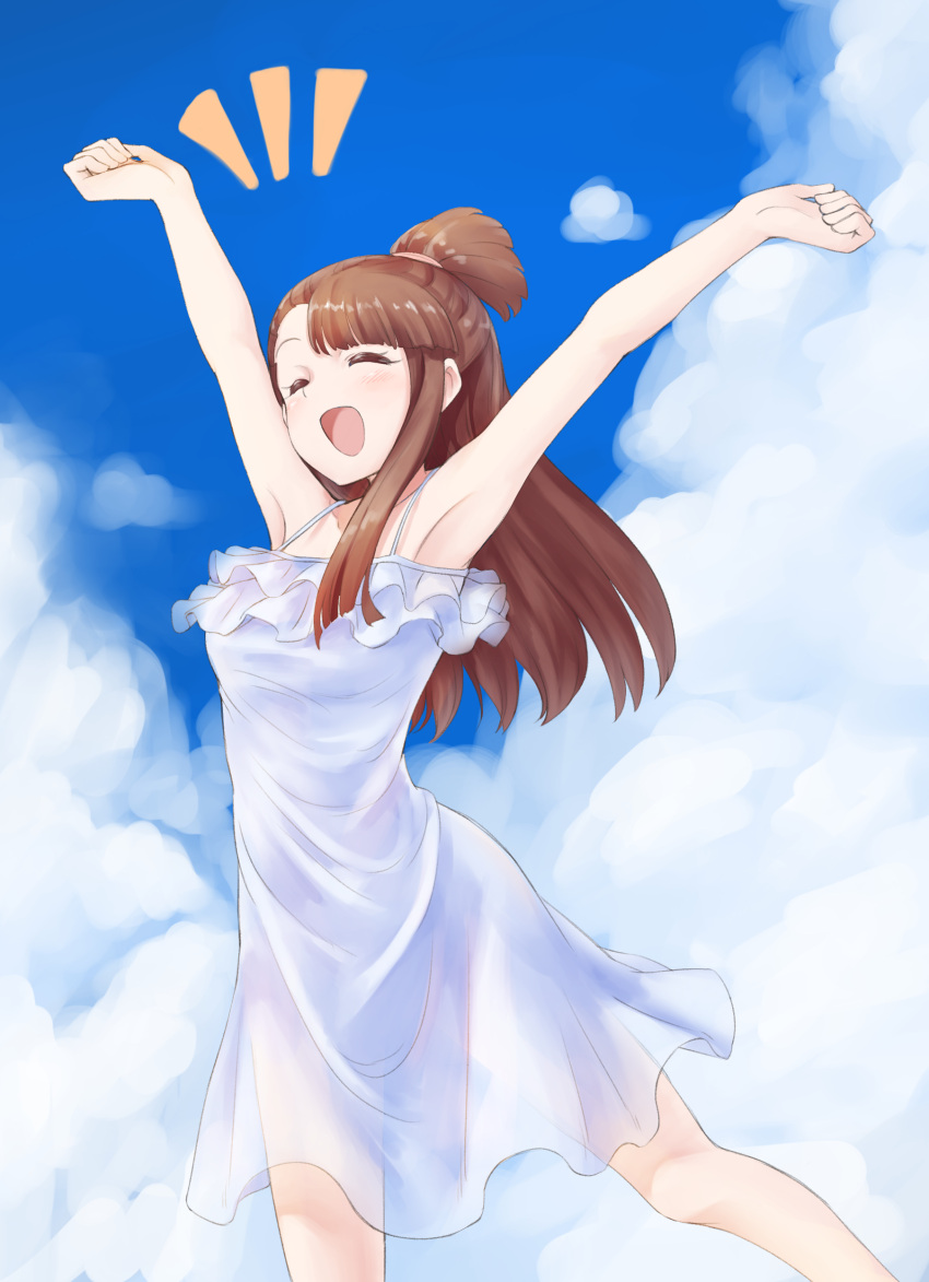1girl, \o/, absurdres, armpits, arms_up, brown_hair, commentary_request, dress