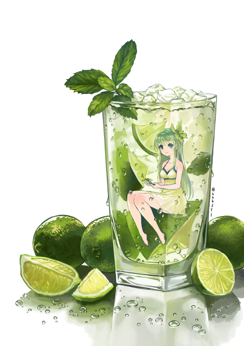 1girl, absurdres, barefoot, bolbbangbbang, breasts, cup, dress, drink