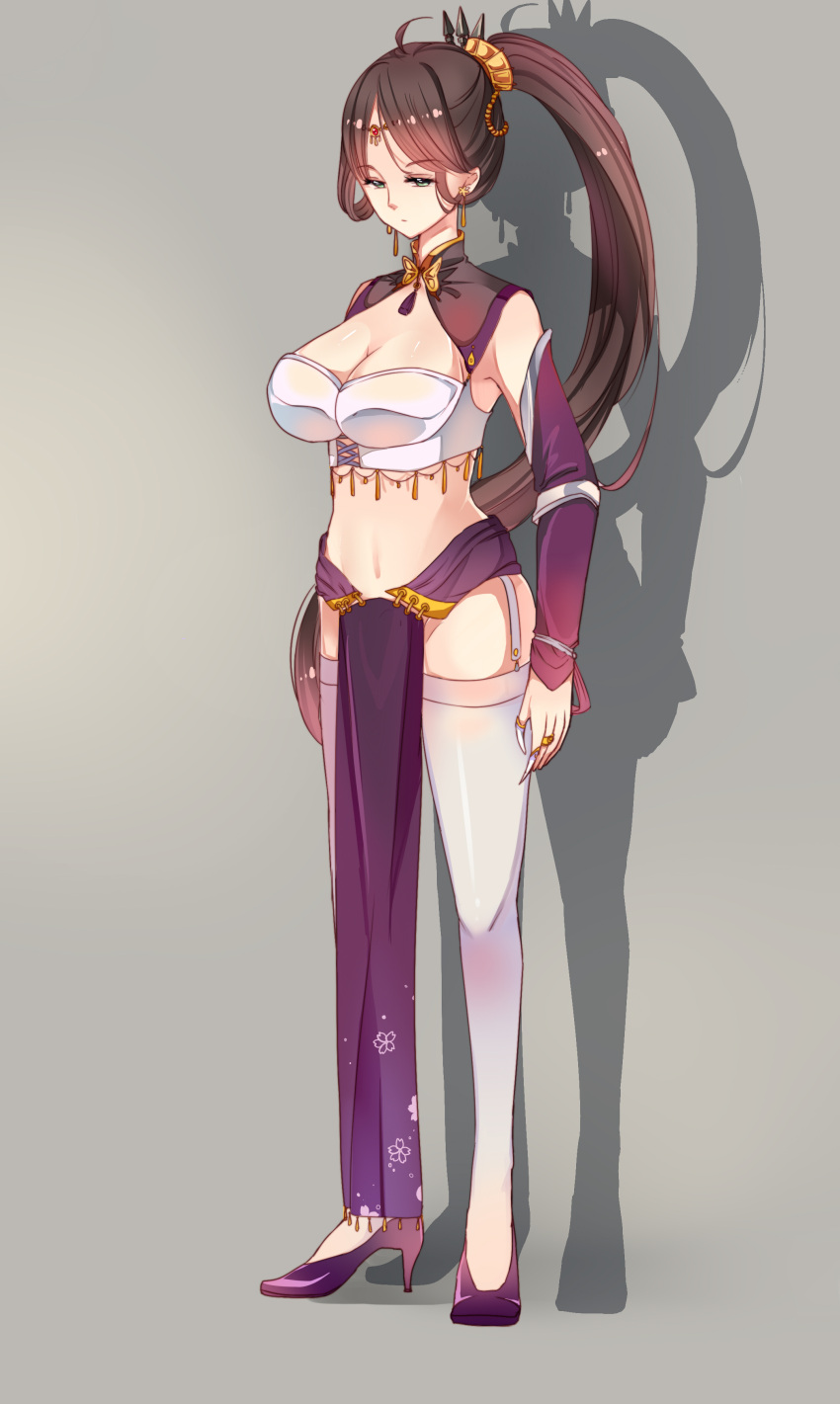 1girl, absurdres, arabian_clothes, breasts, brown_hair, bustier, caravan_stories, circlet, cleavage, detached_sleeves, earrings, forehead_jewel, garter_straps, high_heels, highres, jewelry, kunai, large_breasts, long_hair, misakura_julio, momoko_(806621551), navel, no_panties, pelvic_curtain, ponytail, purple_shoes, ring, shadow, shoes, solo, standing, thigh-highs, very_long_hair, weapon, white_legwear