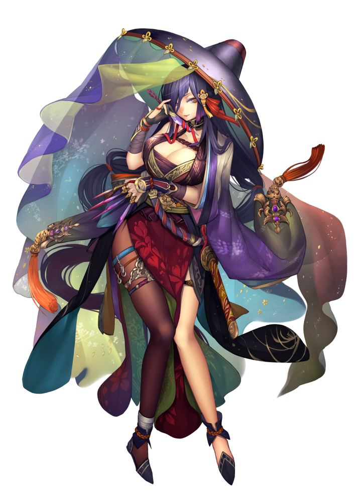 1girl, black_hair, breast_hold, breasts, brown_eyes, brown_legwear, caravan_stories, full_body