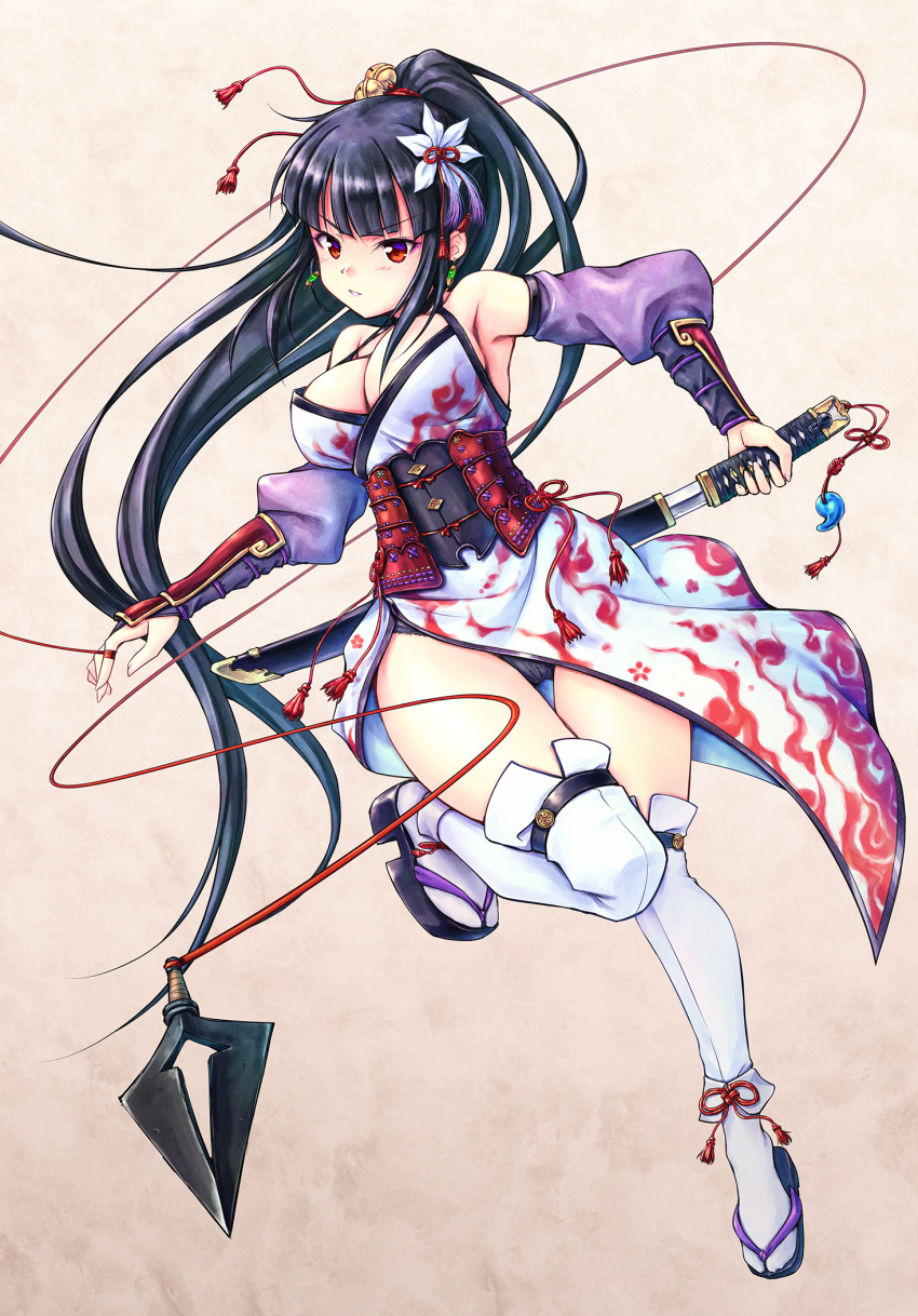 1girl, bangs, bare_shoulders, bell, bent_knee, black_hair, black_panties, blunt_bangs