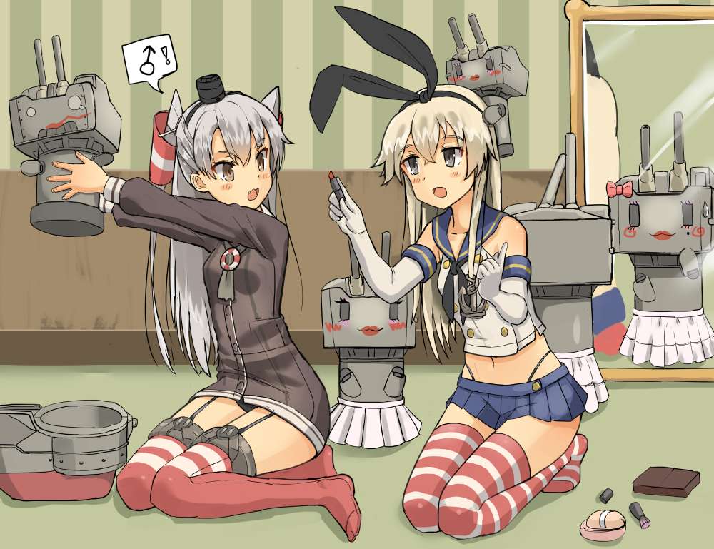 !, 10s, 2girls, amatsukaze_(kantai_collection), black_panties, blonde_hair, blush, bow