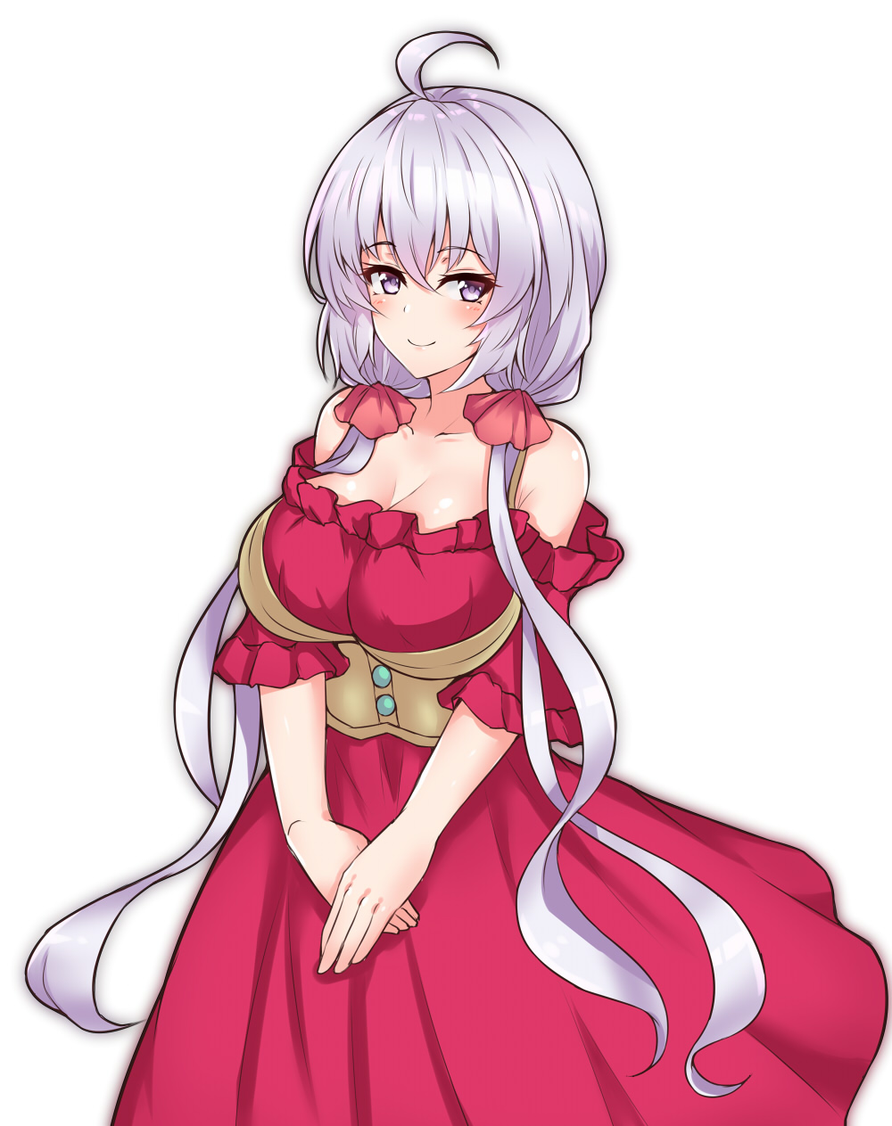 10s, ahoge, bare_shoulders, blush, bow, breasts, cleavage, dress