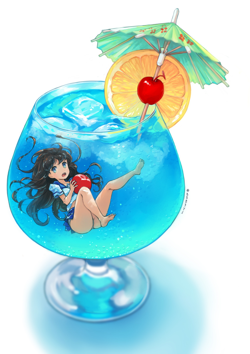 1girl, absurdres, ass, barefoot, black_hair, blue_eyes, blue_hawaii, bolbbangbbang