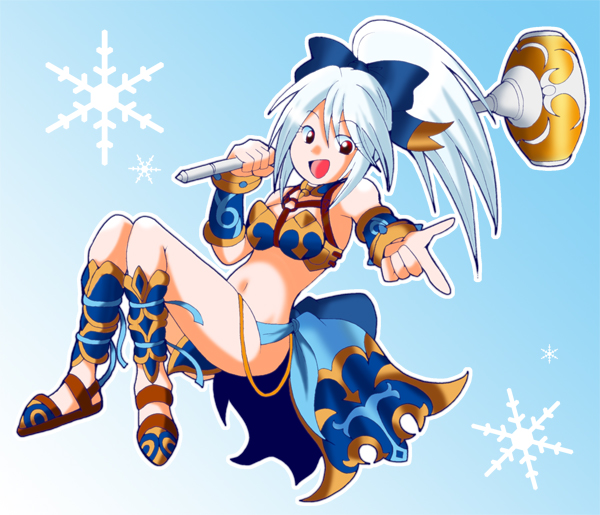 1girl, :d, armor, bangs, bare_shoulders, bikini_armor, blue_armor, blue_bow