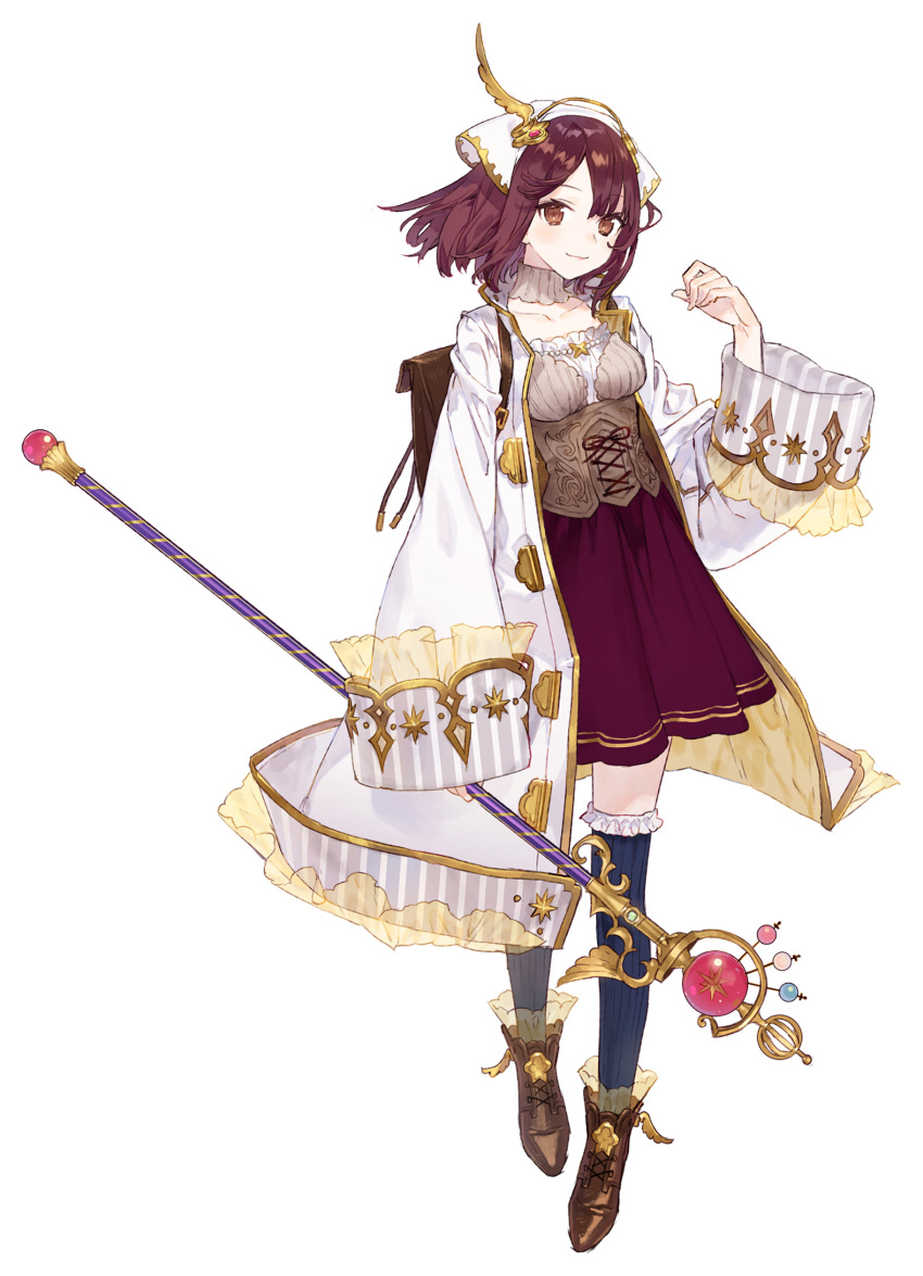 1girl, atelier_(series), atelier_lydie_&amp;_suelle, atelier_sophie, brown_eyes, coat, dress, full_body, headdress, highres, holding, holding_staff, long_sleeves, looking_at_viewer, open_clothes, open_coat, redhead, short_hair, sleeve_cuffs, sleeves_past_wrists, smile, solo, sophie_neuenmuller, staff, thigh-highs, turtleneck, wide_sleeves, yuugen