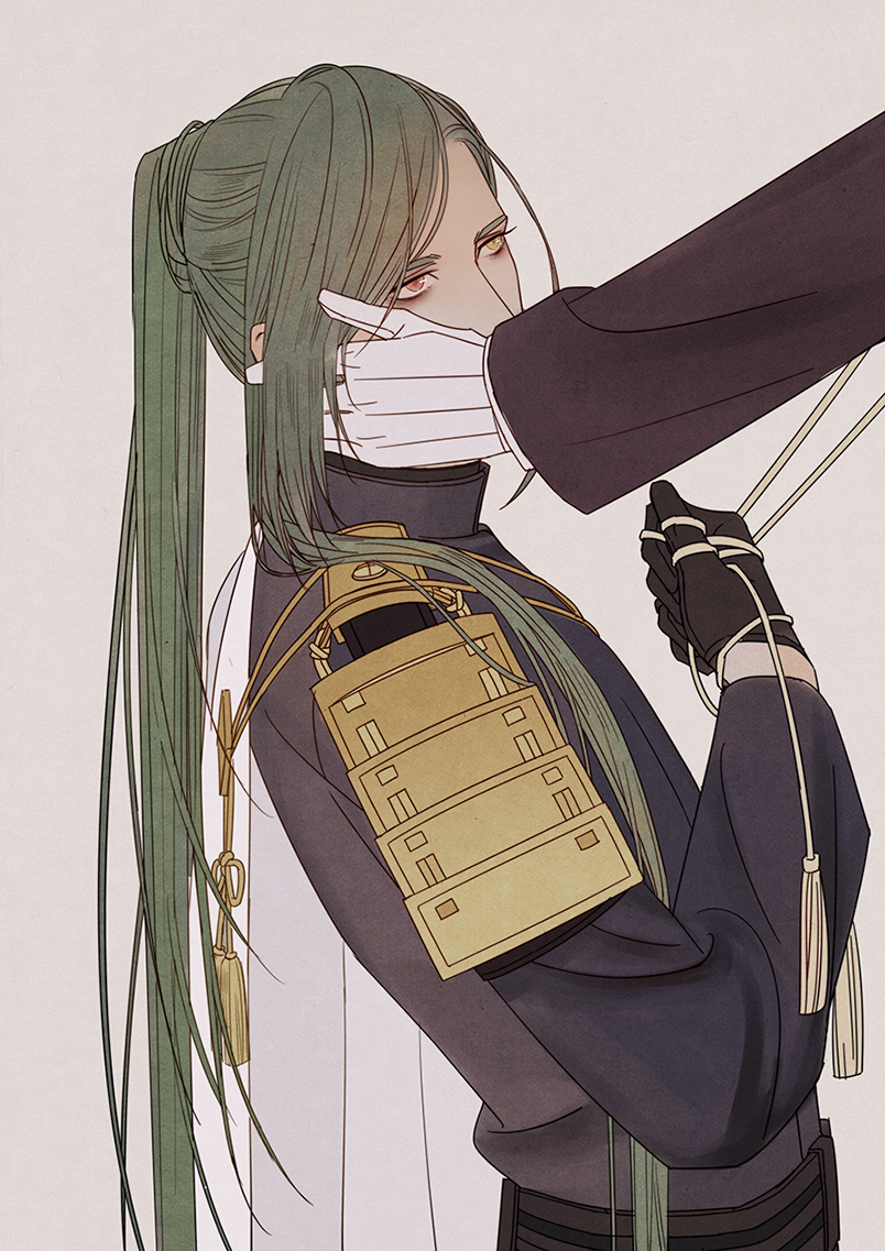 10s, 1boy, 79357_(lyhlyhlyh), armor, bangs, black_gloves, covering_face, gloves