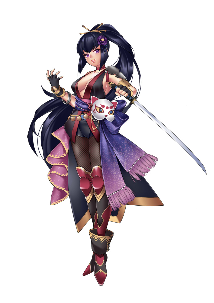 1girl, absurdres, armor, black_hair, bracelet, breasts, caravan_stories, center_opening