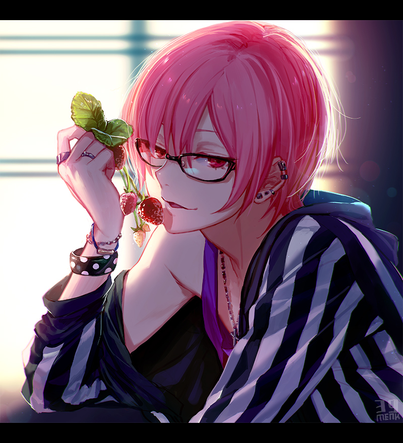1boy, androgynous, black-framed_eyewear, bracelet, ear_piercing, enmr39_(anonyma), food, fruit, hood, hoodie, jewelry, looking_at_viewer, off_shoulder, original, parted_lips, piercing, pink_eyes, pink_hair, ring, smile, solo, strawberry, striped, tank_top, upper_body, vertical_stripes
