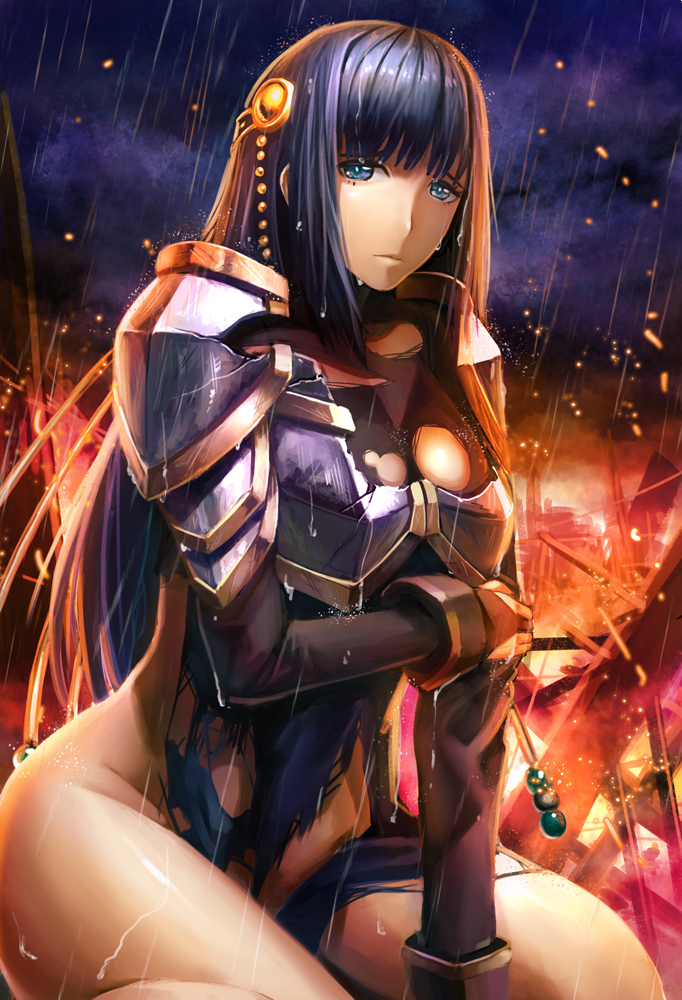 1girl, armor, bangs, blue_eyes, blue_hair, blunt_bangs, breastplate, breasts