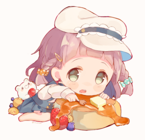 1girl, barefoot, blush, brown_eyes, brown_hair, butter, chibi, food