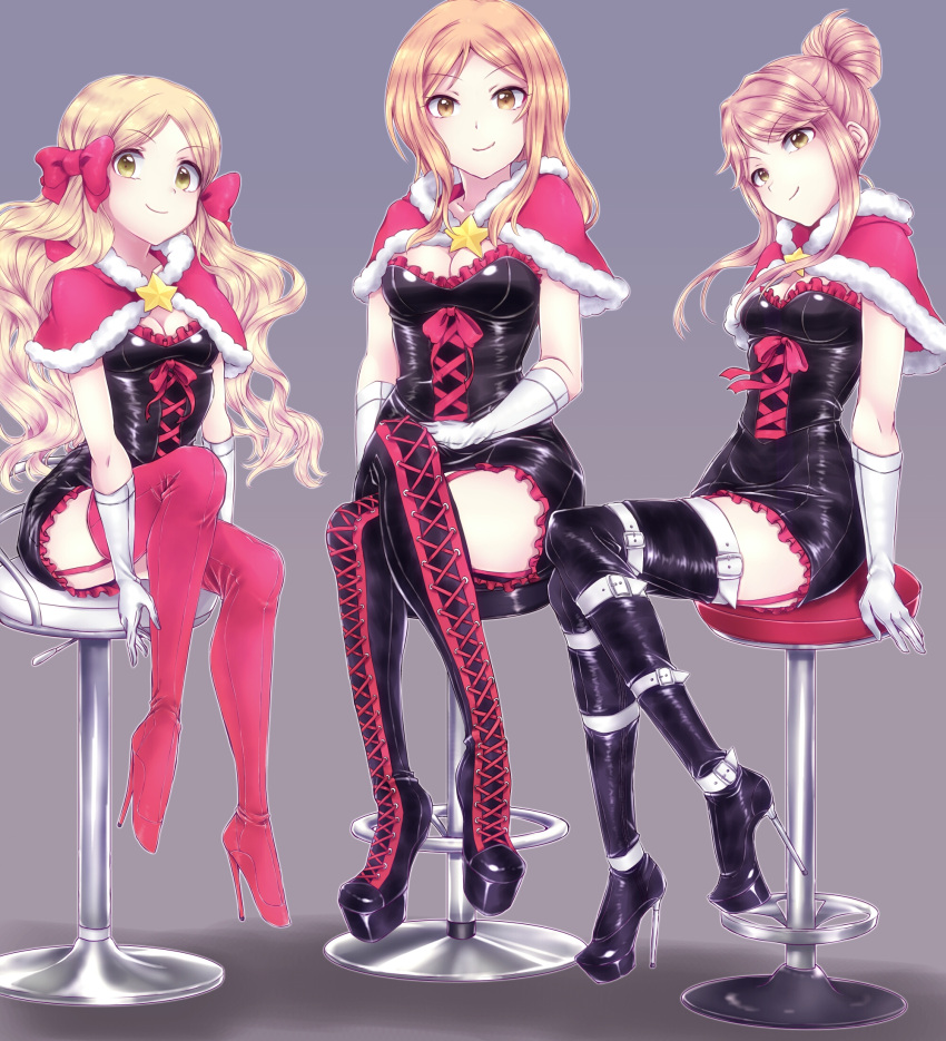 3girls, belt, black_footwear, black_legwear, blonde_hair, boots, bow, breasts, brown_eyes, brown_hair, capelet, character_request, cross-laced_footwear, garter_straps, gloves, hair_bow, hair_bun, hand_in_lap, high_heel_boots, high_heels, highres, idolmaster, idolmaster_million_live!, idolmaster_million_live!_theater_days, legs_crossed, long_hair, looking_at_viewer, medium_breasts, mogemoge00, multiple_girls, pink_boots, pink_bow, pink_legwear, sitting, small_breasts, smile, stool, thigh-highs, thigh_boots, white_gloves