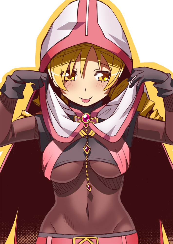 1girl, :p, belt, black_gloves, blonde_hair, blush, bodystocking, breasts, cloak, cosplay, covered_navel, drill_hair, eyebrows_visible_through_hair, gloves, hair_between_eyes, hood, hooded_cloak, long_hair, looking_at_viewer, magia_record:_mahou_shoujo_madoka_magica_gaiden, magical_girl, mahou_shoujo_madoka_magica, medium_breasts, multiple_girls, smile, solo, tamaki_iroha, tamaki_iroha_(cosplay), tanukimaso, tomoe_mami, tongue, tongue_out, twin_drills, twintails, upper_body, yellow_eyes